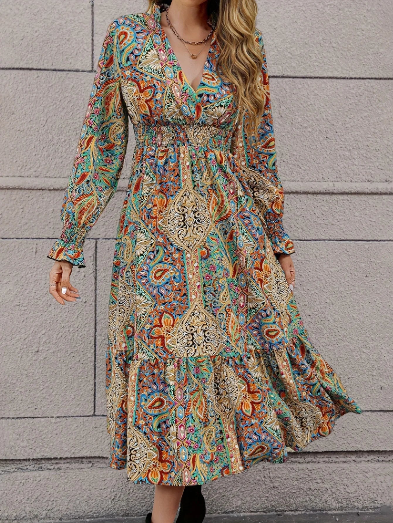 Vintage V-neck A-line Maxi Dress