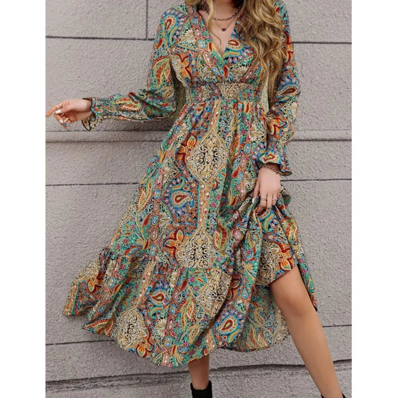 Vintage V-neck A-line Maxi Dress
