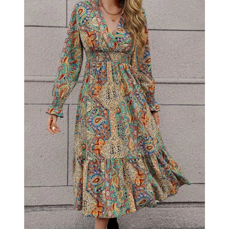 Vintage V-neck A-line Maxi Dress