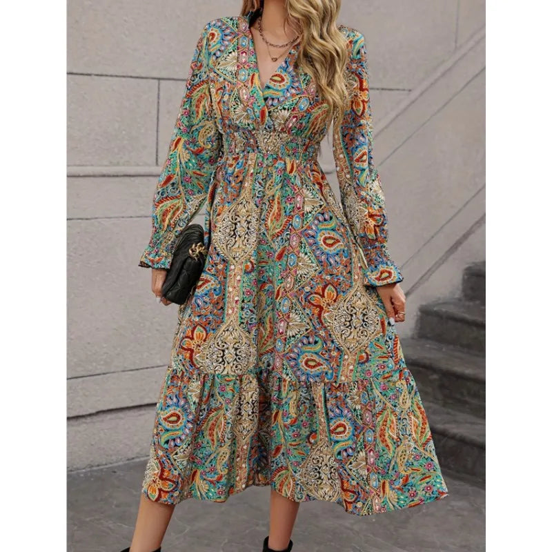 Vintage V-neck A-line Maxi Dress