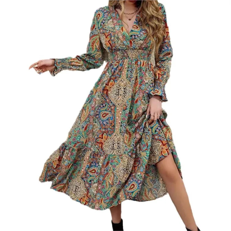 Vintage V-neck A-line Maxi Dress