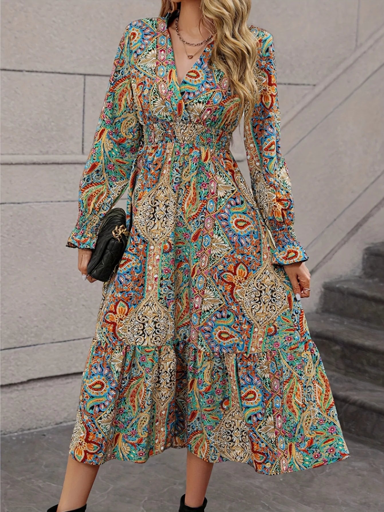 Vintage V-neck A-line Maxi Dress