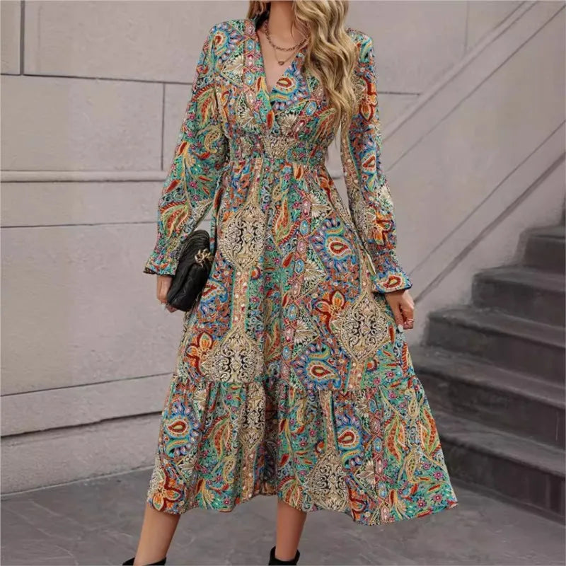 Vintage V-neck A-line Maxi Dress