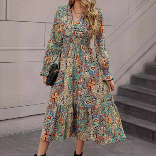 Vintage V-neck A-line Maxi Dress