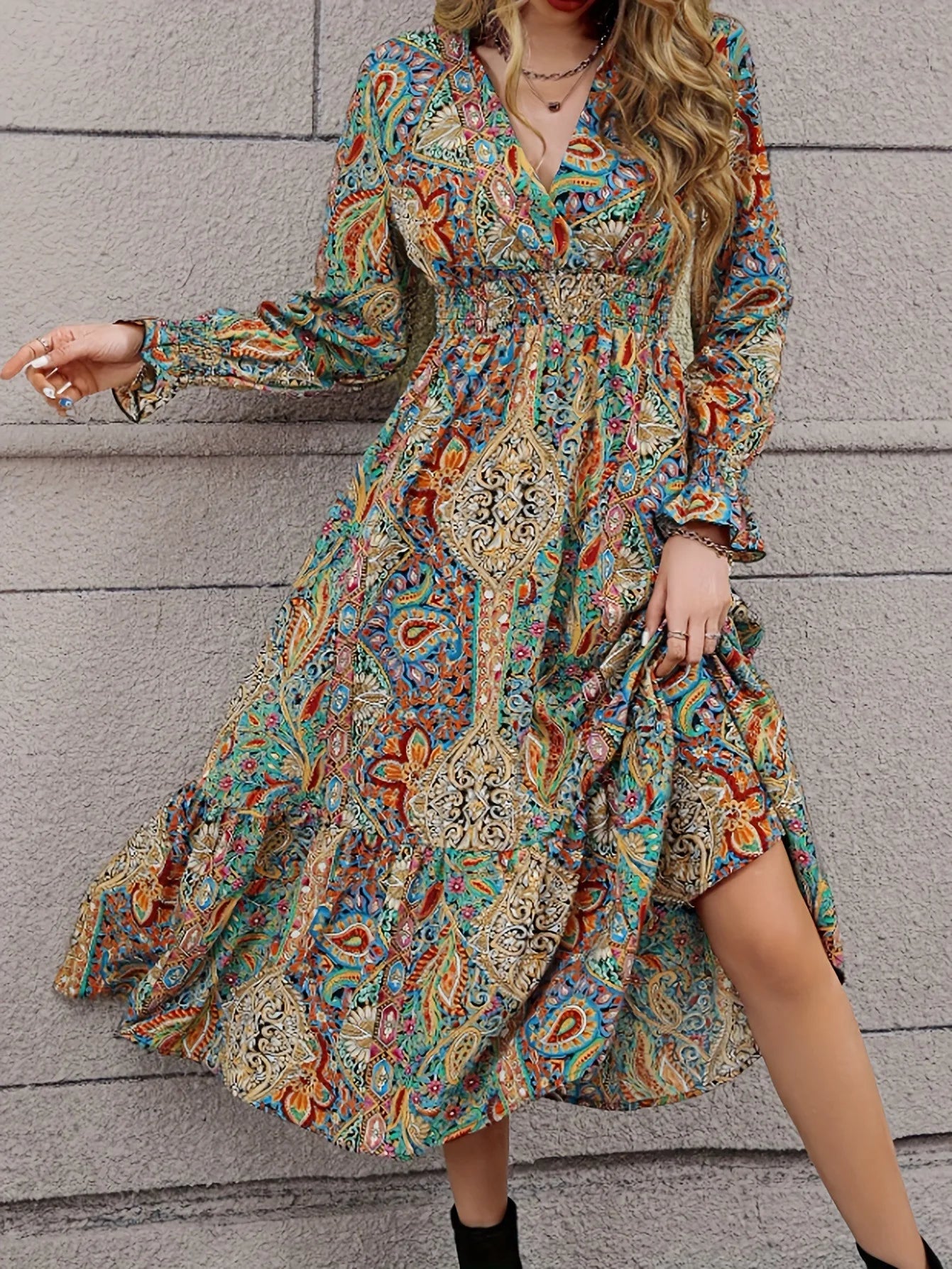 Vintage V-neck A-line Maxi Dress